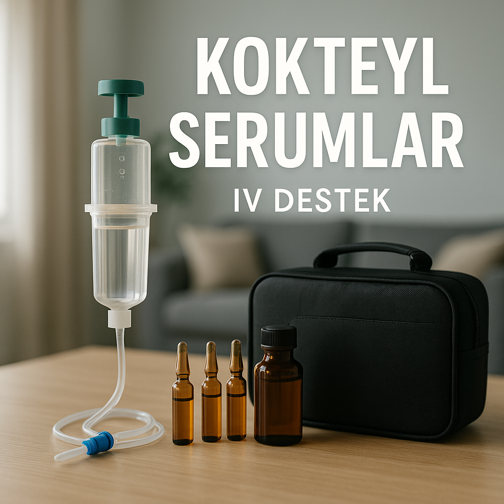 KOKTEYL SERUMLAR Kokteyl serumlar: kişiye özel IV destek uygulamaları için bilgilendirici görsel.